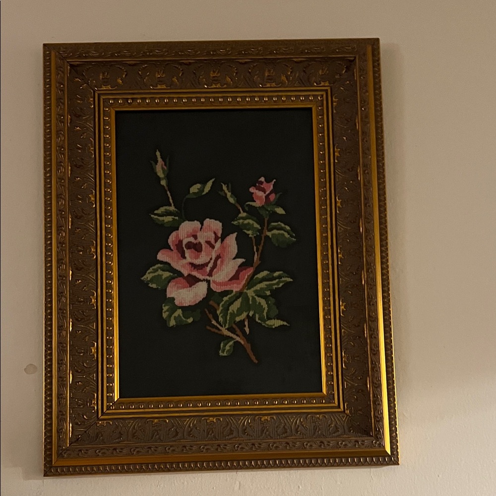 Floral Petite Point Needlepoint Art in Ornate Gold Frame